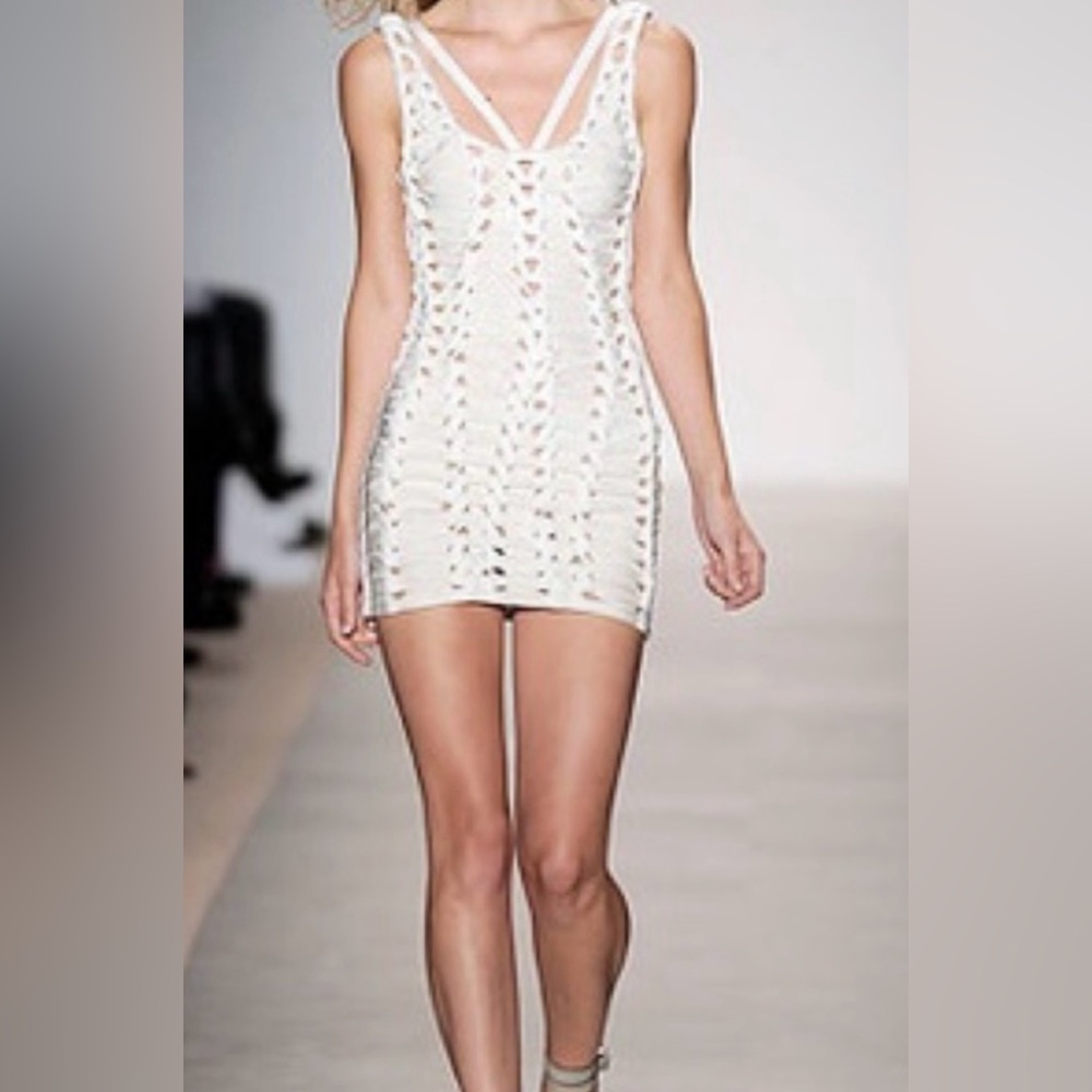 Limited Herve Leger Batik Braided Beige/Cream Bodycon V-Neck Tank Dress Size S